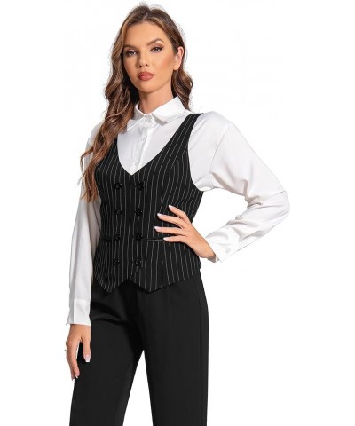 Womens Suit Vest Double Breasted V-Neck Fashion Dressy Casual Waistcoat Vest for Women Black Stripe $18.86 Vests