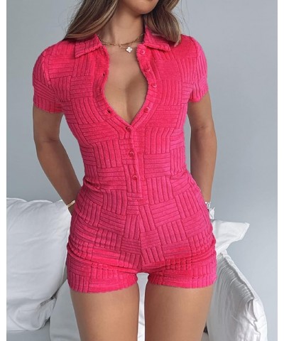 Women Short Sleeve Jumpsuit Sexy Bodycon Button Down Lapel Collared Romper One Piece Bodysuit Overall Y2K Playsuit B-pink $12...