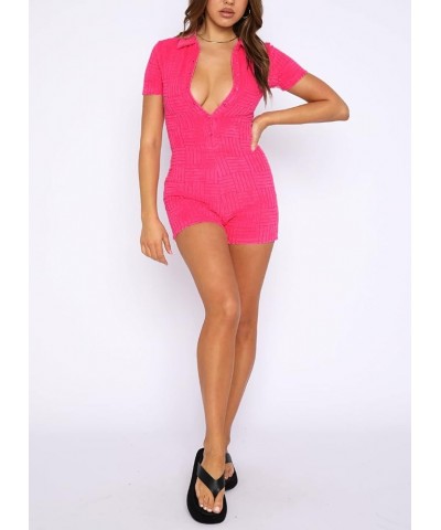 Women Short Sleeve Jumpsuit Sexy Bodycon Button Down Lapel Collared Romper One Piece Bodysuit Overall Y2K Playsuit B-pink $12...