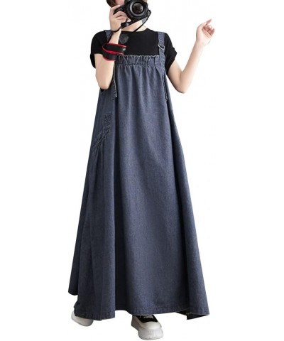 Boho Women Pinafore Dress Pockets Adjustable Strap Loose Overall Dress Dark Blue $26.10 Overalls