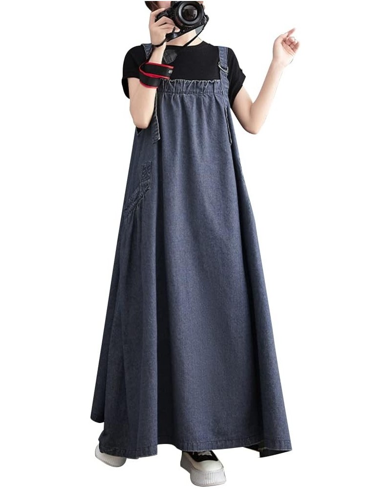 Boho Women Pinafore Dress Pockets Adjustable Strap Loose Overall Dress Dark Blue $26.10 Overalls