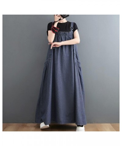 Boho Women Pinafore Dress Pockets Adjustable Strap Loose Overall Dress Dark Blue $26.10 Overalls