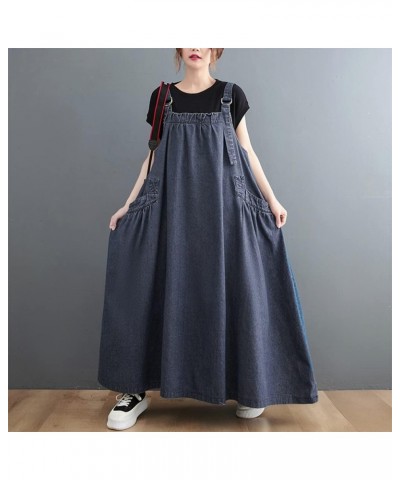 Boho Women Pinafore Dress Pockets Adjustable Strap Loose Overall Dress Dark Blue $26.10 Overalls