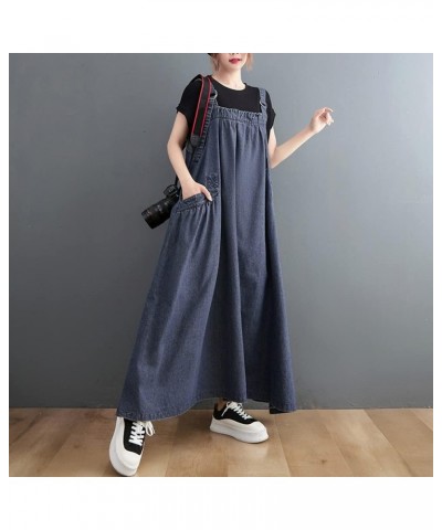 Boho Women Pinafore Dress Pockets Adjustable Strap Loose Overall Dress Dark Blue $26.10 Overalls