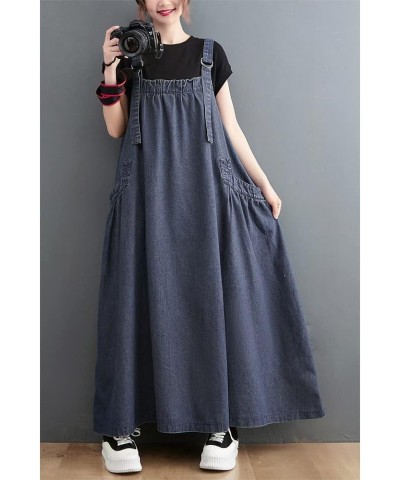 Boho Women Pinafore Dress Pockets Adjustable Strap Loose Overall Dress Dark Blue $26.10 Overalls