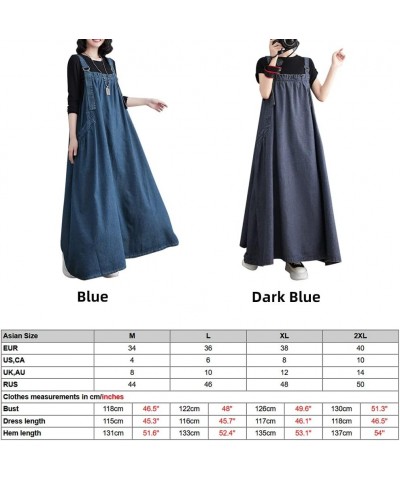 Boho Women Pinafore Dress Pockets Adjustable Strap Loose Overall Dress Dark Blue $26.10 Overalls