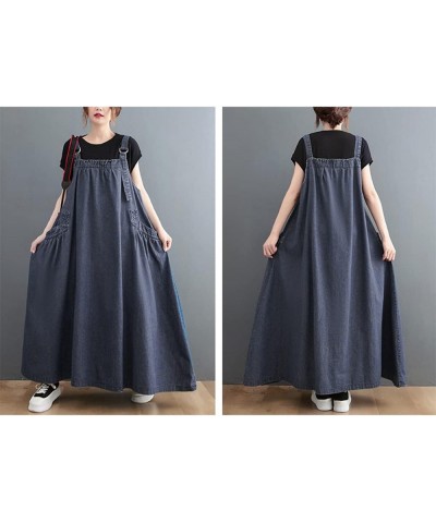 Boho Women Pinafore Dress Pockets Adjustable Strap Loose Overall Dress Dark Blue $26.10 Overalls