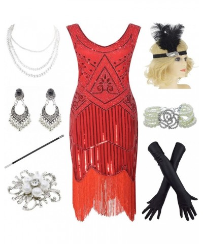 1920s Gatsby Fringed Paisley Plus Size Flapper Dress with 20s Accessories Set Flower Red Red $23.95 Sets