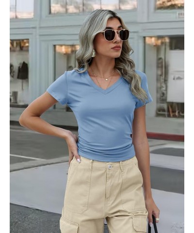 Women's Tops Summer V Neck Short Sleeve Crop T-Shirt Basic Casual Solid Y2K Slim Fitted Tee Blue $9.71 T-Shirts