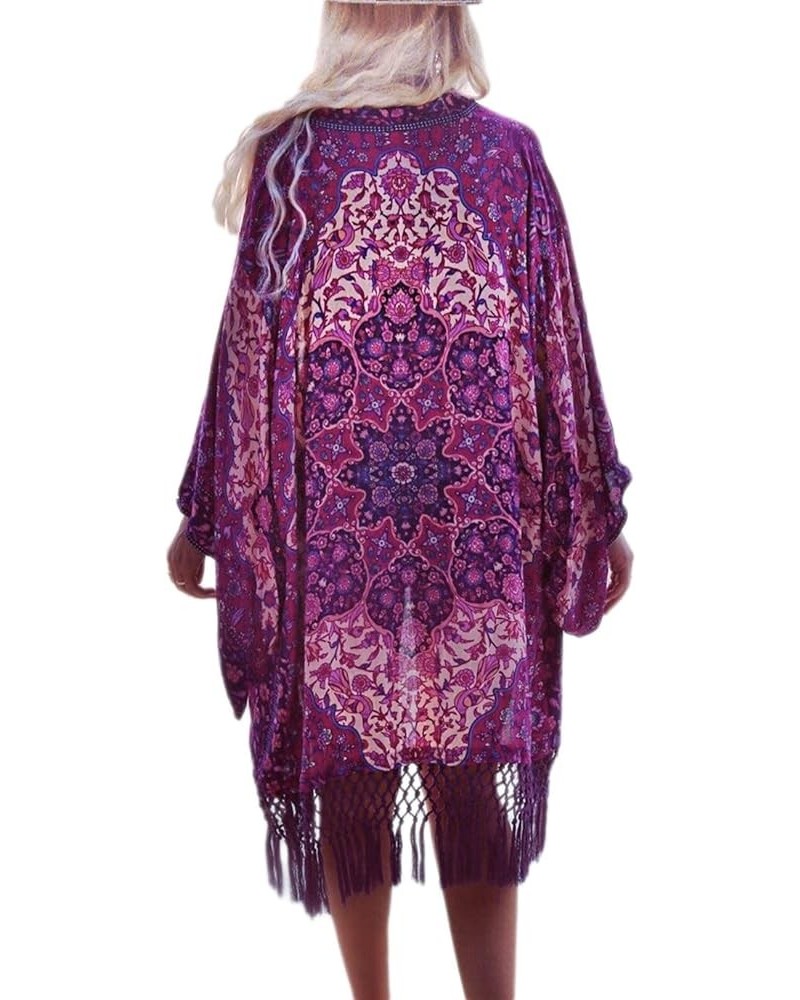 Print Beach Kimono Cardigans for Women Open Front Swimsuit Cover Up Purple Tassel $18.35 Swimsuits