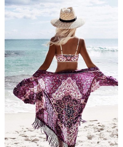 Print Beach Kimono Cardigans for Women Open Front Swimsuit Cover Up Purple Tassel $18.35 Swimsuits