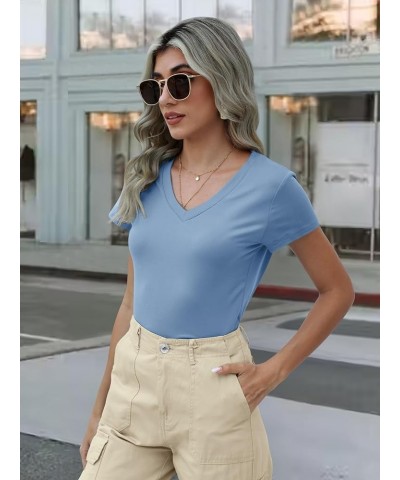 Women's Tops Summer V Neck Short Sleeve Crop T-Shirt Basic Casual Solid Y2K Slim Fitted Tee Blue $9.71 T-Shirts