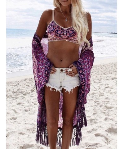 Print Beach Kimono Cardigans for Women Open Front Swimsuit Cover Up Purple Tassel $18.35 Swimsuits