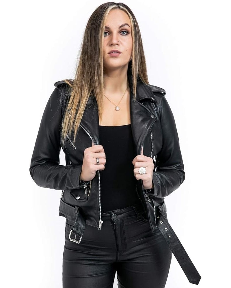 Women's Biker Leather jacket Cowhide Brando Ladies Motorcycle Moto Punk Police Style MBF Black $61.10 Coats