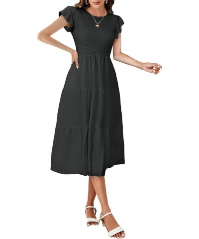 Women Casual Round Neck Smocked Flowy Midi Dress B2black $20.58 Dresses