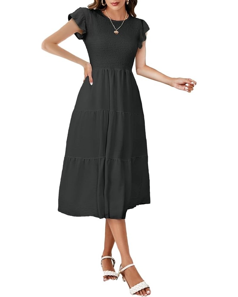 Women Casual Round Neck Smocked Flowy Midi Dress B2black $20.58 Dresses