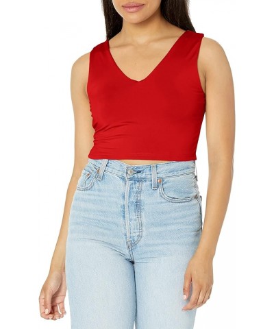 Women's Basic V Neck Stretchy Slim Fit Knit Crop Tank Top Red $8.54 Tanks