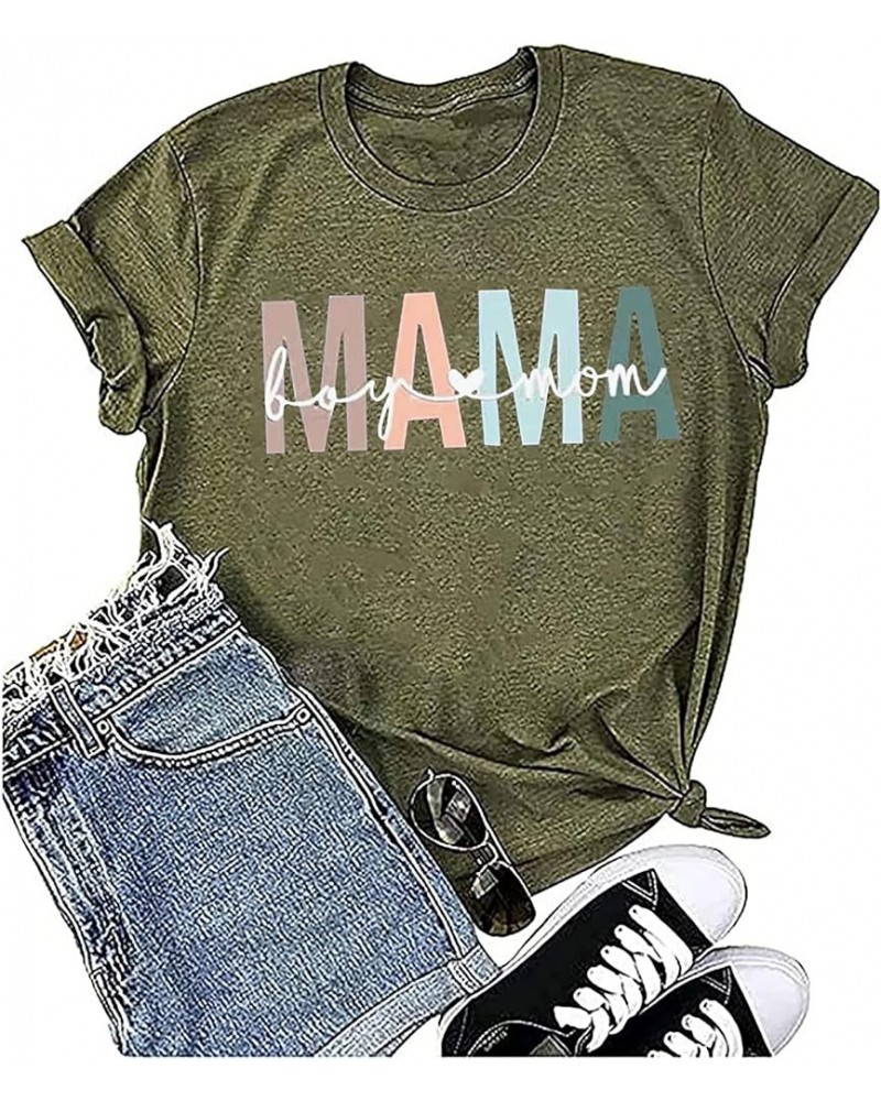 Mama Shirts for Women Boy Mom T-Shirt Funny Letter Print Short Sleeve Mama Tee Tops Mother Gifts T-Shirt Army Green $11.00 T-...