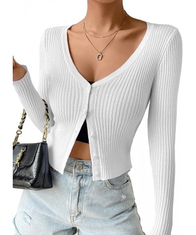 Women's Ribbed Knit Button Down V Neck Lightweight Cropped Cardigan Sweater White $7.53 Sweaters