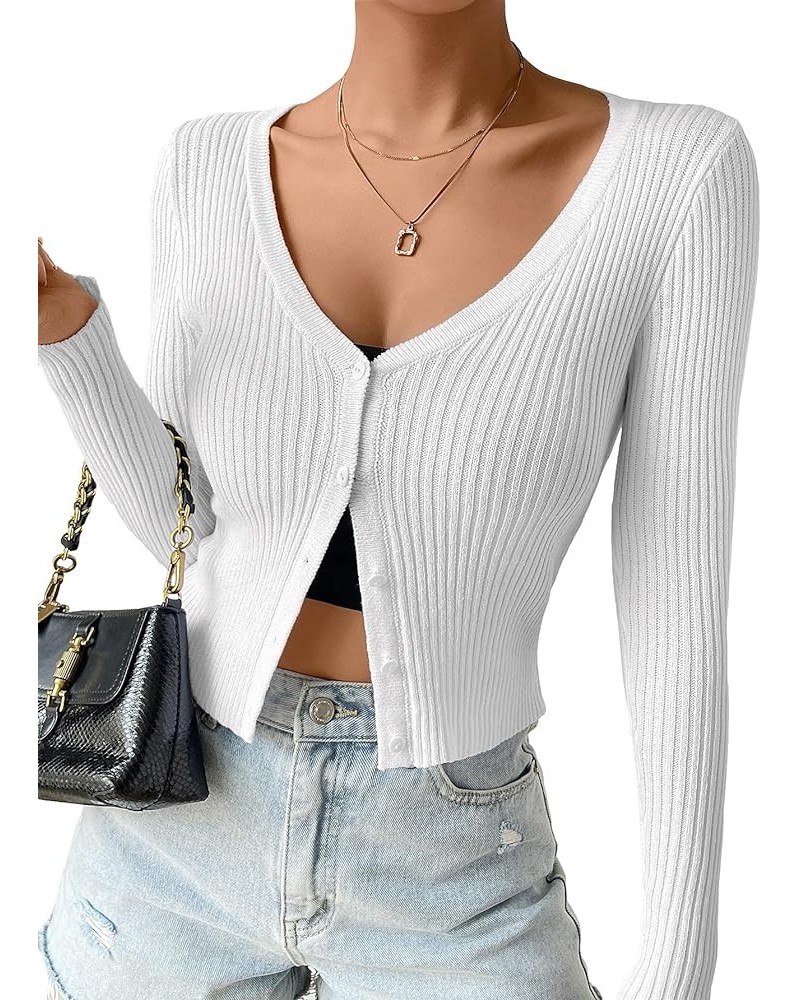 Women's Ribbed Knit Button Down V Neck Lightweight Cropped Cardigan Sweater White $7.53 Sweaters