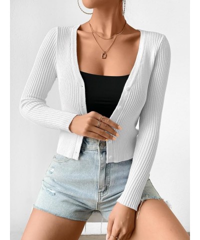 Women's Ribbed Knit Button Down V Neck Lightweight Cropped Cardigan Sweater White $7.53 Sweaters