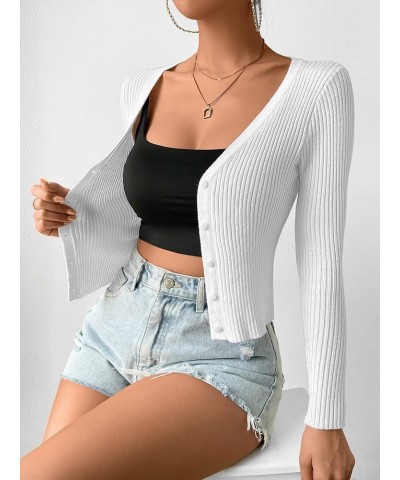 Women's Ribbed Knit Button Down V Neck Lightweight Cropped Cardigan Sweater White $7.53 Sweaters