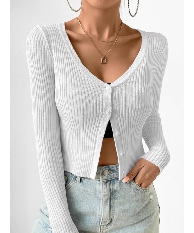 Women's Ribbed Knit Button Down V Neck Lightweight Cropped Cardigan Sweater White $7.53 Sweaters