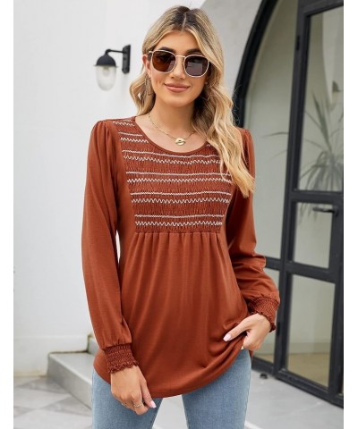 Womens Tops Long Sleeve Fall Shirts Dressy Casual Shirred Blouses Crewneck Puff Sleeve T-Shirts Smocked Tunic Tops Pumpkin $1...