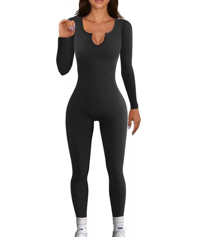 Women Yoga Jumpsuits Workout Ribbed Square Neck Long Sleeve Bodycon Rompers Sport Jumpsuits Skinny One-Piece Clothes C Black ...