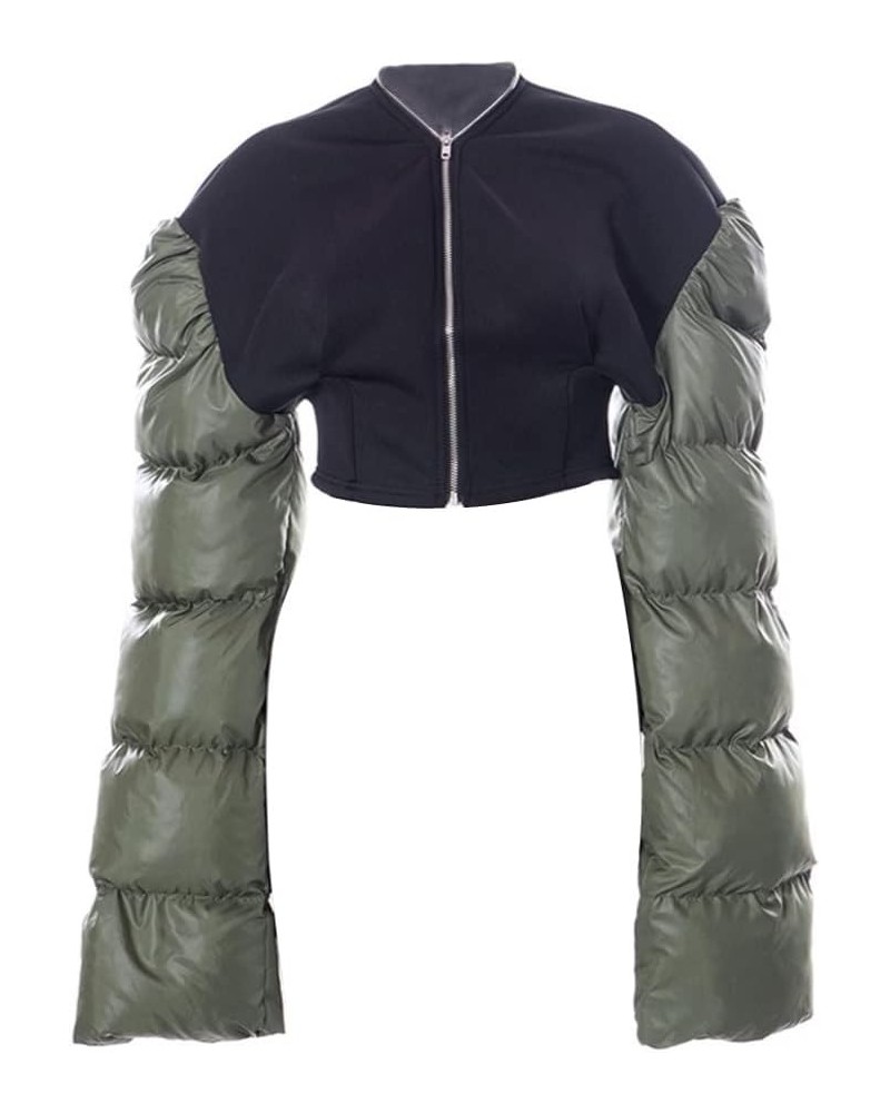 Women's Lightweight Cropped V Neck Puffer Jacket Patchwork Long Sleeve Down Coat Green $24.73 Jackets