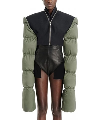 Women's Lightweight Cropped V Neck Puffer Jacket Patchwork Long Sleeve Down Coat Green $24.73 Jackets