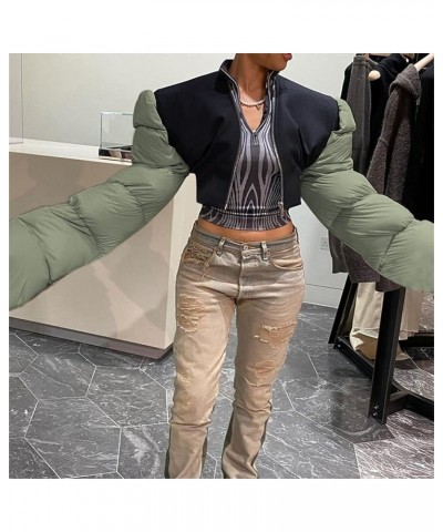 Women's Lightweight Cropped V Neck Puffer Jacket Patchwork Long Sleeve Down Coat Green $24.73 Jackets