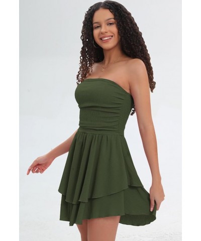 Women's Strapless Ruffle Short Mini Flowy Dress Graduation Beach Party Tube Dresses Summer 2024 Green $17.48 Dresses