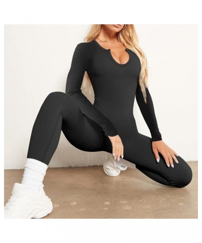 Women Yoga Jumpsuits Workout Ribbed Square Neck Long Sleeve Bodycon Rompers Sport Jumpsuits Skinny One-Piece Clothes C Black ...