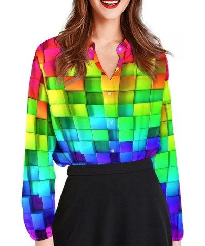 Button Up Shirt Women Casual Long Sleeve Button Dowen Blouse Tunic Tops Plus Size S-5XL Rainbow Geometric Print $15.05 Blouses