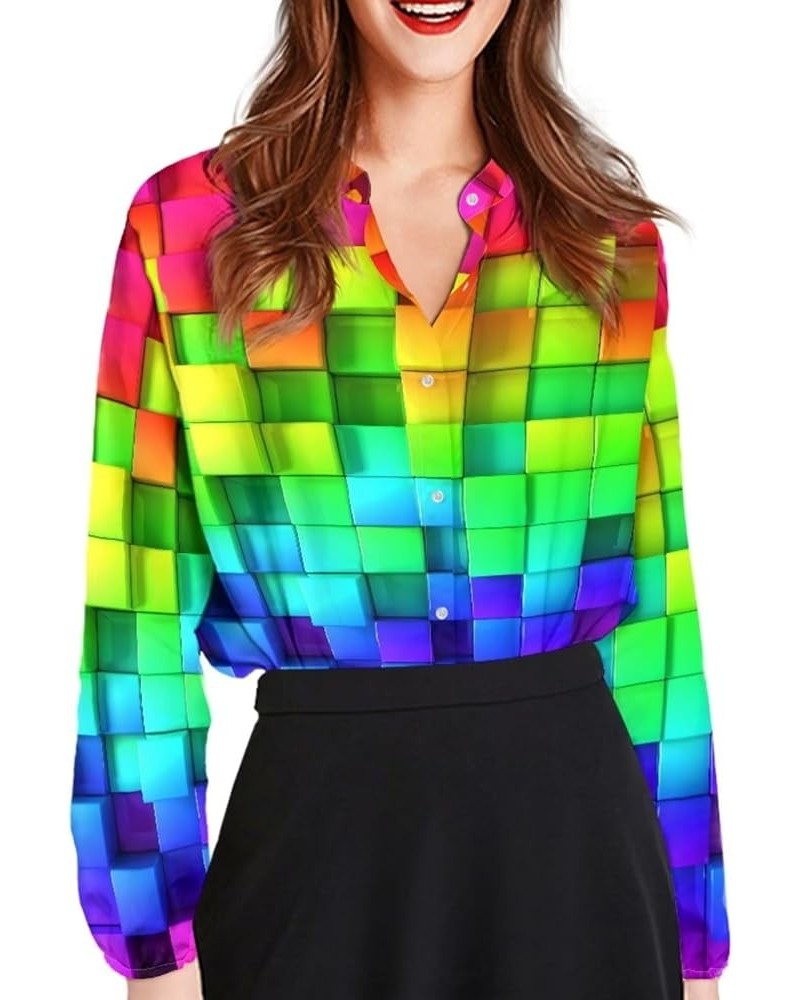 Button Up Shirt Women Casual Long Sleeve Button Dowen Blouse Tunic Tops Plus Size S-5XL Rainbow Geometric Print $15.05 Blouses