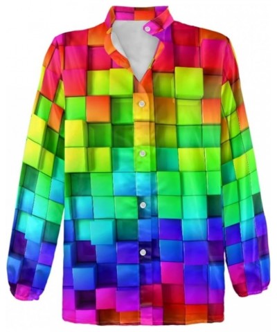 Button Up Shirt Women Casual Long Sleeve Button Dowen Blouse Tunic Tops Plus Size S-5XL Rainbow Geometric Print $15.05 Blouses