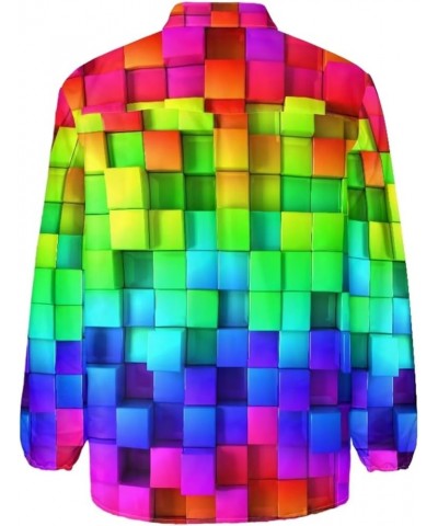 Button Up Shirt Women Casual Long Sleeve Button Dowen Blouse Tunic Tops Plus Size S-5XL Rainbow Geometric Print $15.05 Blouses