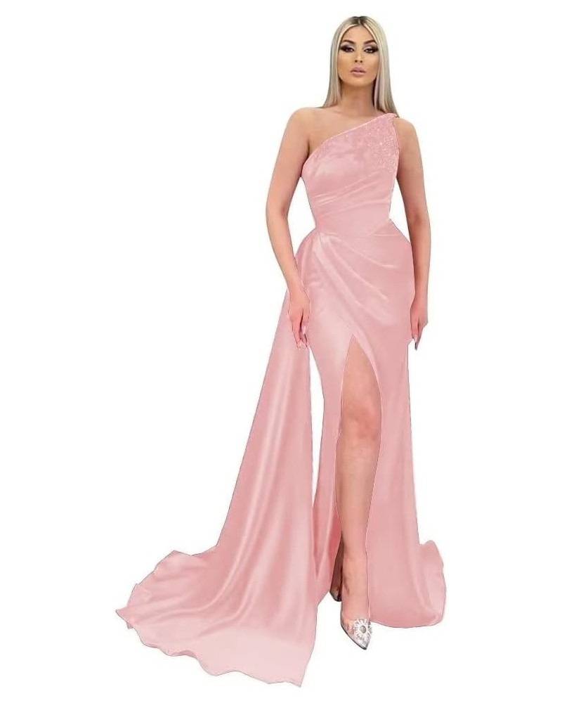 Appliques Mermaid Bridesmaid Dresses One Shoulder Prom Dress for Women Bodycon Formal Evening Gown with Slit Pink $35.28 Dresses