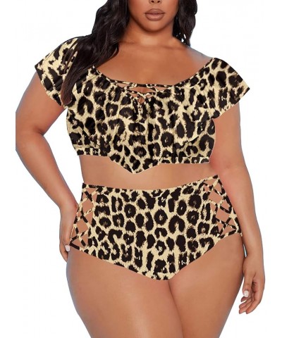 Women Plus Size Ruffles High Waisted Swimsuit Bikini Sets Bathing Suit 02 Leopard Print $19.60 Swimsuits