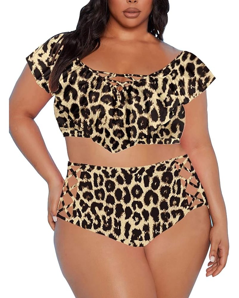 Women Plus Size Ruffles High Waisted Swimsuit Bikini Sets Bathing Suit 02 Leopard Print $19.60 Swimsuits