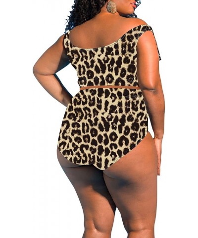 Women Plus Size Ruffles High Waisted Swimsuit Bikini Sets Bathing Suit 02 Leopard Print $19.60 Swimsuits