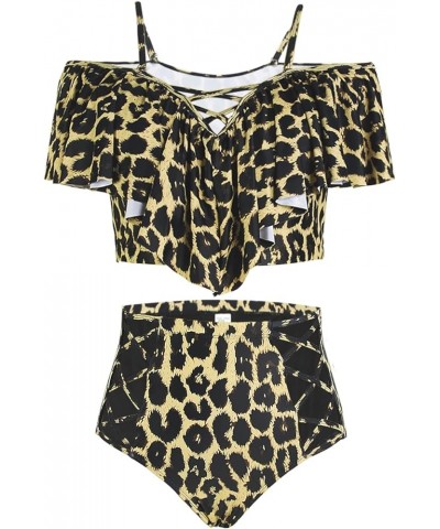 Women Plus Size Ruffles High Waisted Swimsuit Bikini Sets Bathing Suit 02 Leopard Print $19.60 Swimsuits