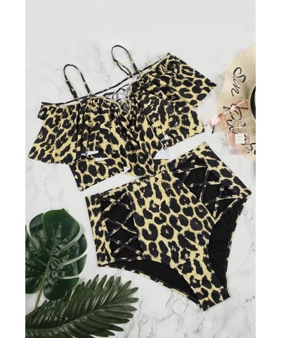 Women Plus Size Ruffles High Waisted Swimsuit Bikini Sets Bathing Suit 02 Leopard Print $19.60 Swimsuits