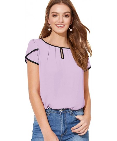 Women's Casual Pleated Petal Cap Sleeve Round Neck Keyhole Blouse Top Z Lilac Purple $10.08 Blouses