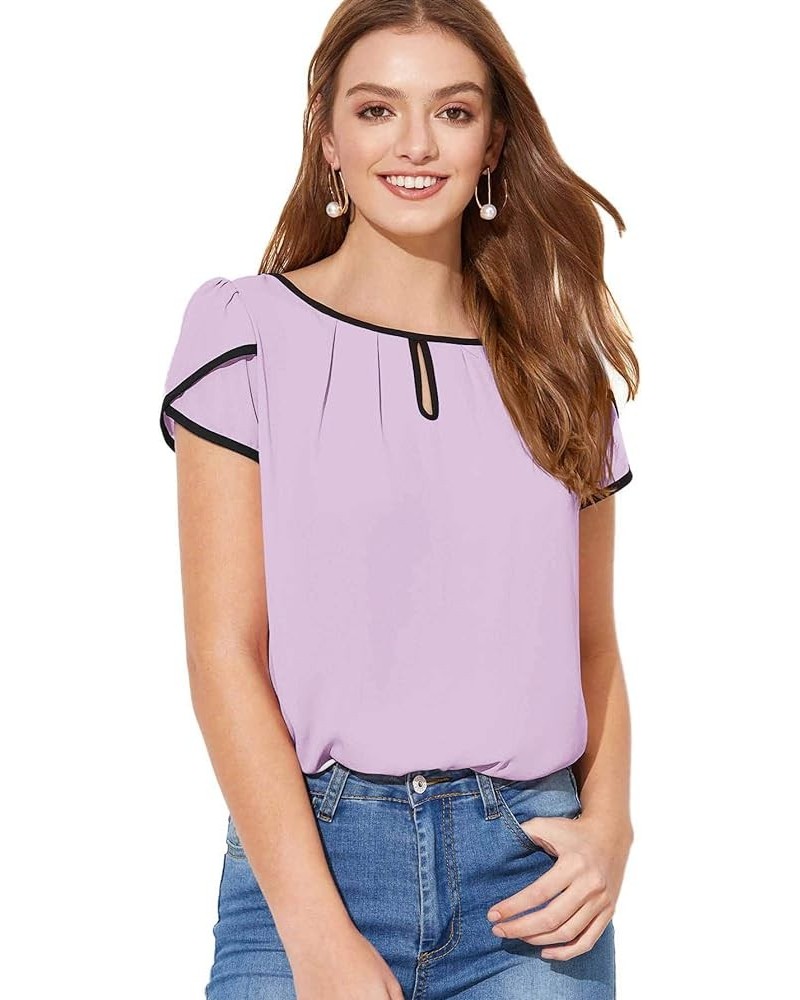 Women's Casual Pleated Petal Cap Sleeve Round Neck Keyhole Blouse Top Z Lilac Purple $10.08 Blouses