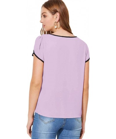 Women's Casual Pleated Petal Cap Sleeve Round Neck Keyhole Blouse Top Z Lilac Purple $10.08 Blouses