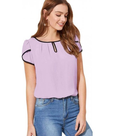 Women's Casual Pleated Petal Cap Sleeve Round Neck Keyhole Blouse Top Z Lilac Purple $10.08 Blouses