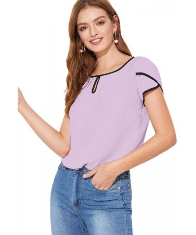 Women's Casual Pleated Petal Cap Sleeve Round Neck Keyhole Blouse Top Z Lilac Purple $10.08 Blouses