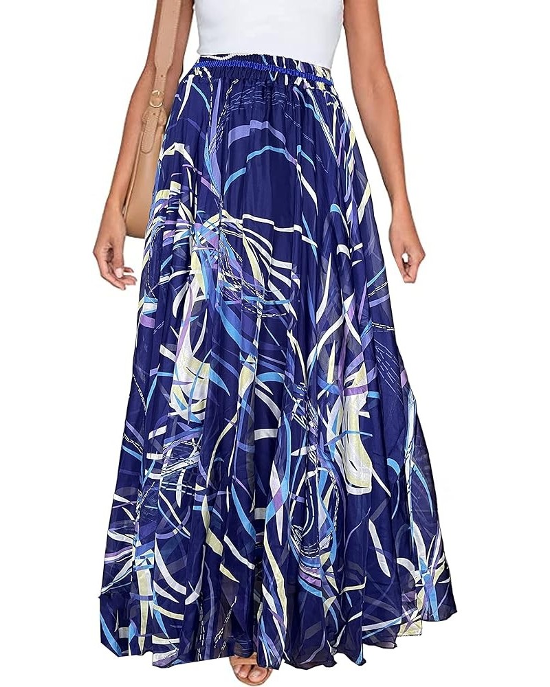 Women's Floral Maxi Chiffon Long Skirts Full Length Beach Skirt Royal Blue $16.10 Skirts